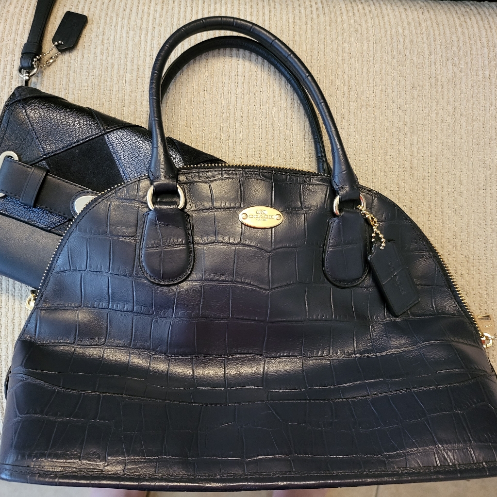 1) Coach Embossed Cora Dome Satchel In Midnight, With Patchwork Blake Clutch